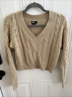 (5/$20) Love by Chesley Tan Cable Knit V-Neck Sweater